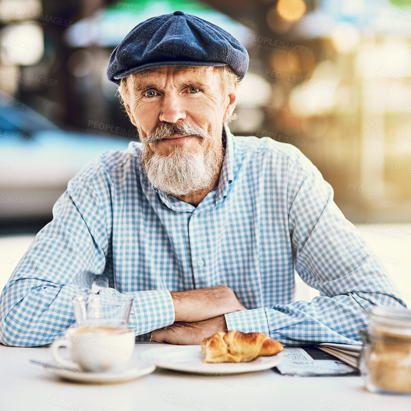 Buy stock photo Cafe, portrait and senior man with smile for breakfast, croissant and tea cup in city of Paris in France. Restaurant, male person and meal for lunch, customer service and hospitality with order