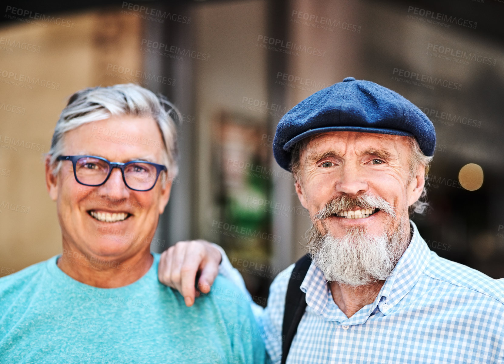 Buy stock photo Portrait of two senior friends posing together outside their favorite cafe