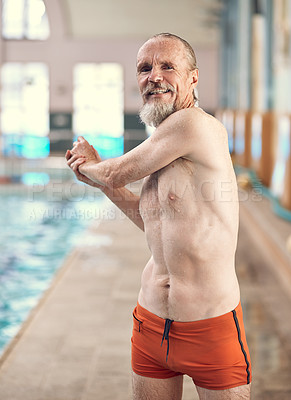 Buy stock photo Senior man, swimming and stretching exercise for health, fitness or cardio for retirement. Male person, training and body workout by pool with water for wellness, portrait of pensioner for sport