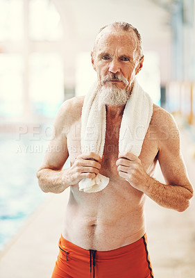 Buy stock photo Towel, portrait and senior man by pool for hobby, lesson or activity on vacation in Australia. Serious, training and mature male person at indoor aquatic center for swimming exercise or workout.