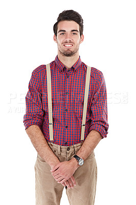 Buy stock photo Nerd, man and portrait of a geek or hipster with white background isolated with a smile. Smiling, smart and nerdy style clothes of a man standing with happiness and a smile feeling positive in plaid