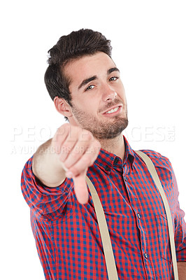 Buy stock photo Thumbs down, man and portrait of a person showing negative, fail and no hand sign. White background, geek and hands of a male with loser and negative hand gesture of a nerd isolated in a studio