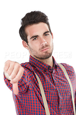 Buy stock photo Sad, fail and portrait of a man with a thumbs down for no isolated on a white background in a studio. Angry, frustrated and person with a hand gesture for a problem or recommendation on a backdrop