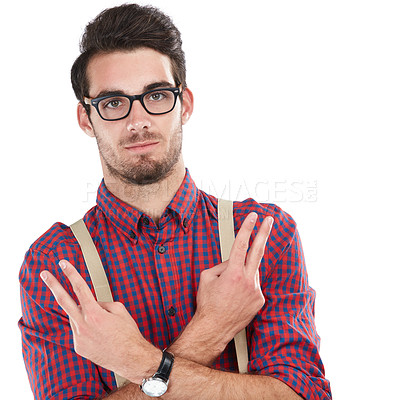 Buy stock photo Nerd, portrait and man with sign for peace, calm and young person isolated on white studio background. Face, male hipster and gentlemen showing fingers, edgy and trendy with casual outfit and clothes