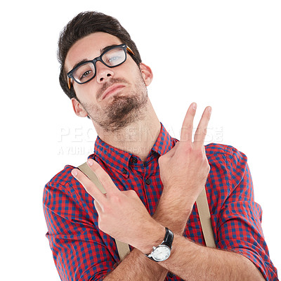 Buy stock photo Portrait, man and sign for peace, attitude and punk guy isolated on white studio background. Edgy, young male and gentleman with gesture, fashion and glasses with person, geek and hipster with style