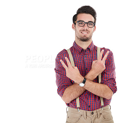 Buy stock photo Peace, confident and portrait of a man with a hand sign isolated on a white background. Geek, cool and smiling nerd with a hand gesture for greeting, positivity and confidence on a studio background