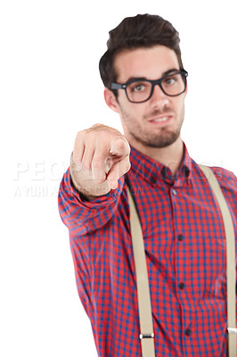 Buy stock photo Portrait, hand and man pointing in studio for you, blame and accountability against white background. Face, guy and finger gesture showing choice, direction, guilt and choosing or standing isolated