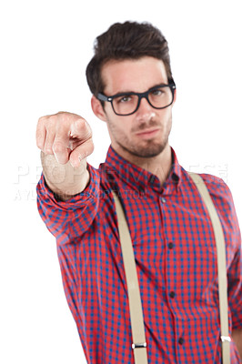 Buy stock photo Blame, angry and man pointing portrait for conflict, problem or warning gesture for frustration. Unhappy, frustrated and anger of geek model with negative face on isolated white background. 

