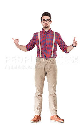 Buy stock photo Man, thumbs up and standing isolated on a white background for winning, discount or sale. Portrait of a confident male nerd model, person or guy showing thumbsup hand gesture for good job or deal