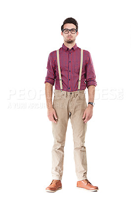 Buy stock photo Portrait, nerd and man serious, fashion and glasses with young person isolated on white studio background. Gentleman, male and hipster with funky outfit, smart guy and suspenders with confidence