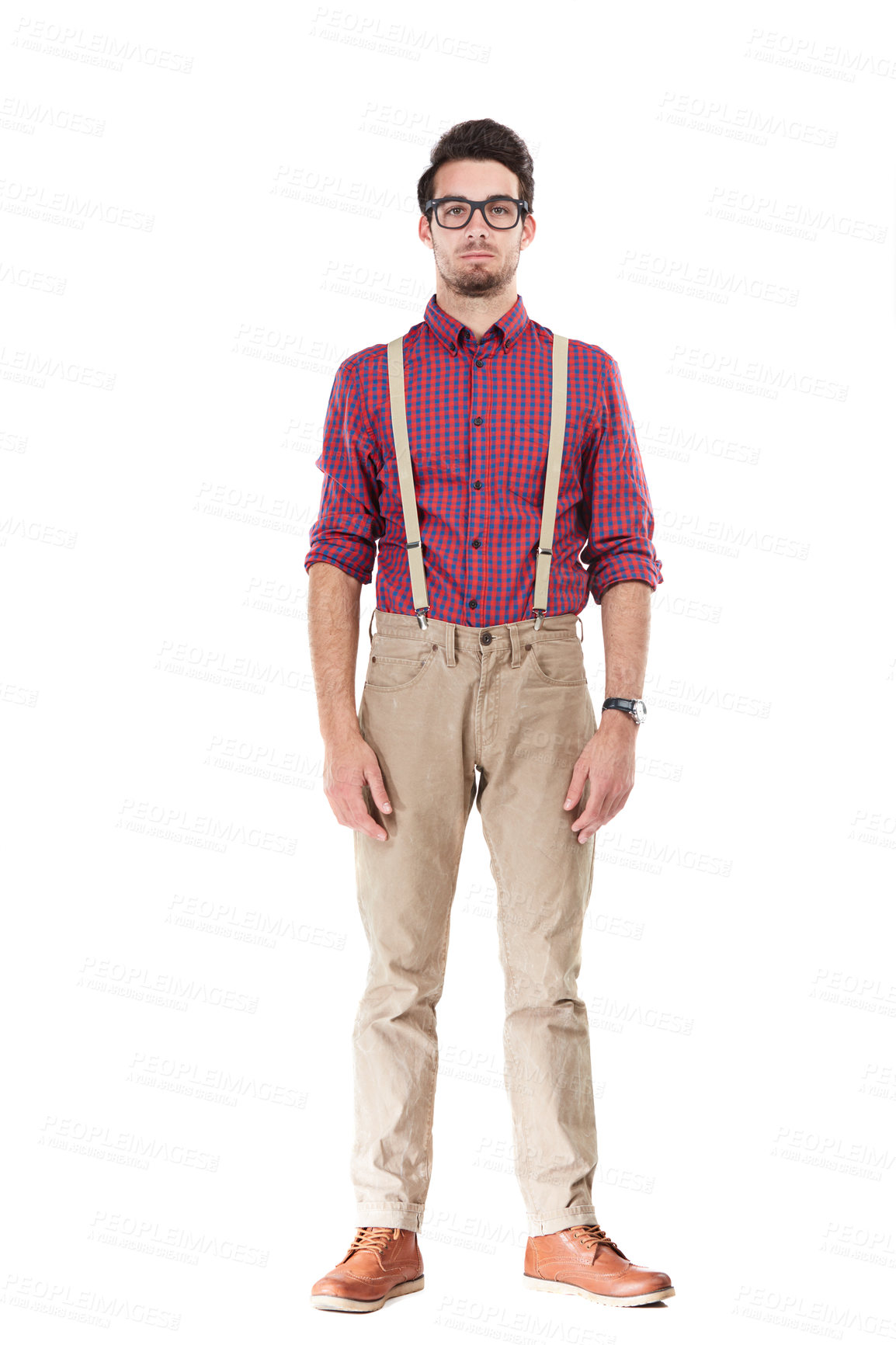 Buy stock photo Portrait, nerd and man serious, fashion and glasses with young person isolated on white studio background. Gentleman, male and hipster with funky outfit, smart guy and suspenders with confidence