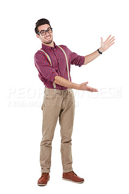 Buy stock photo Portrait, hands or showing promotion on isolated white background for marketing space, advertising or mockup. Smile, happy or geeky man and gesture for education deal or college learning presentation