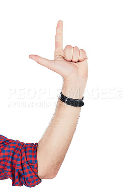 Buy stock photo Hand, count and fingers pointing in a studio for direction, mathematics or timer solution. Count down, sign and male model with sign language or symbol hands number gesture by a white background.