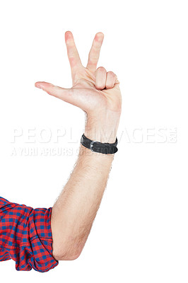 Buy stock photo Numbers, counting and hand of a man with a countdown isolated on a white background. Communication, sign language and person with fingers for an opinion, showing and gesturing on a studio backdrop
