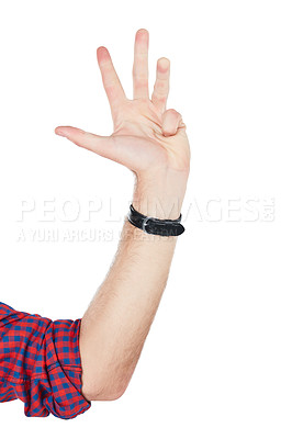 Buy stock photo Man, hands and number four sign closeup in studio for countdown, gesture or signal on white background. Hand, guy and communication with fingers for counting, signing or talking while isolated