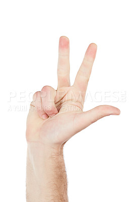 Buy stock photo Man, hand or counting fingers in mathematic solution, problem solving or education addition on isolated white background. Zoom, model or teacher gesture in numbers countdown, timer or emoji in studio