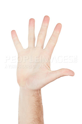 Buy stock photo Numbers, showing and hand of a person for communication isolated on a white background in studio. High five, sign language and palm of a man for a warning, conversation and hello on a backdrop