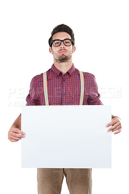 Buy stock photo Banner, man and portrait in studio with blank, advertising and space or billboard on white background. Face, paper and mock up by handsome guy with poster, marketing and confident, cool and isolated