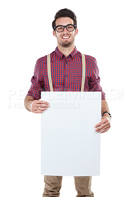 Buy stock photo Portrait, man and billboard in studio for advertising, space or billboard branding on white background. Face, paper and mock up by handsome guy with banner, marketing and smile, happy and isolated
