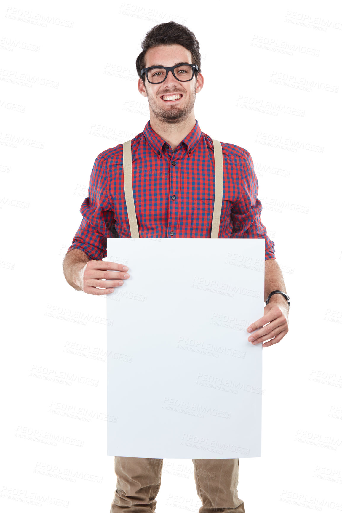 Buy stock photo Portrait, man and billboard in studio for advertising, space or billboard branding on white background. Face, paper and mock up by handsome guy with banner, marketing and smile, happy and isolated