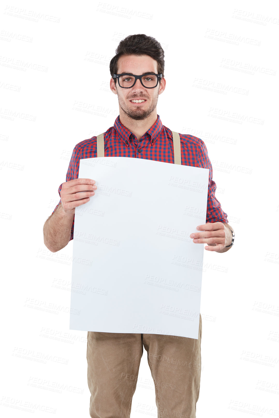 Buy stock photo Paper, poster and portrait of man in studio for advertising, billboard and space on white background. Face, banner and mockup by handsome, smile and happy male with placard, display and isolated