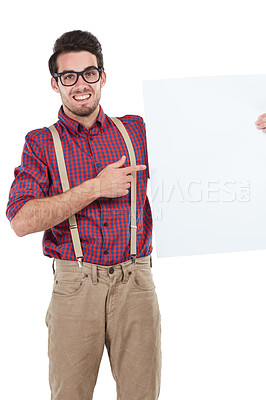 Buy stock photo Portrait, banner and portrait of man in studio with paper, billboard and mockup on white background. Face, placard and young entrepreneur excited about advertising, space and standing isolated