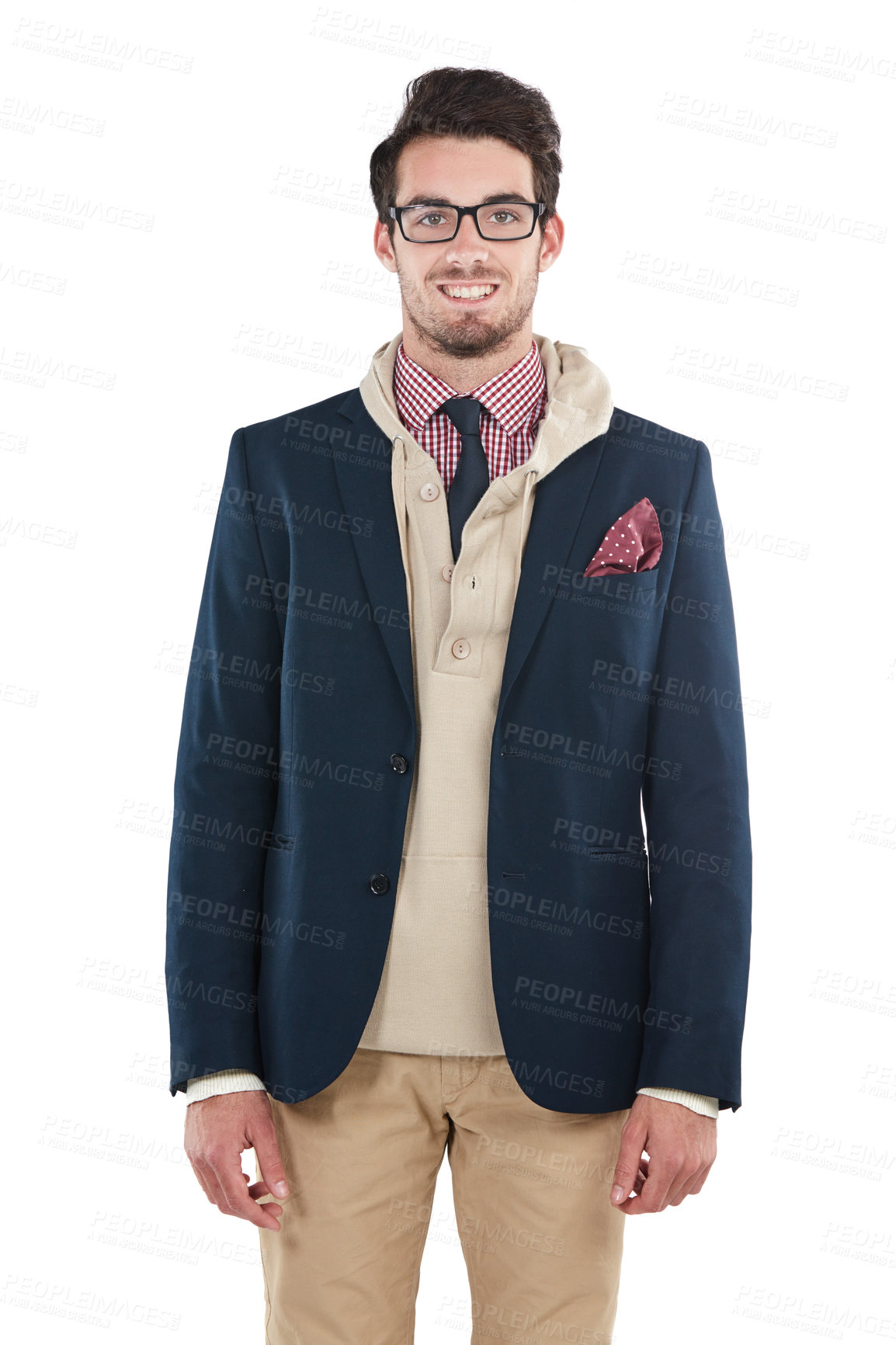 Buy stock photo Happy, positive and portrait of a handsome man isolated on a white background in a studio. Stylish, attractive smile and young person in a casual suit for work, wedding or event on a backdrop