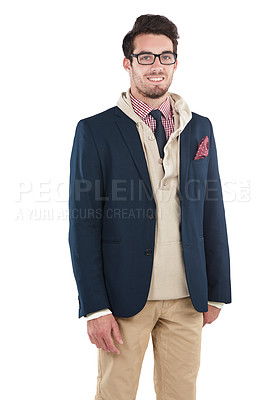 Buy stock photo Fashion, smile and portrait of a man in studio with casual, stylish and cool outfit with glasses. Happy, style and male person or model with spectacles and trendy clothes isolated by white background