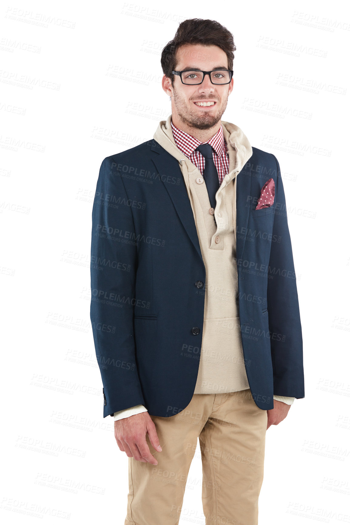 Buy stock photo Fashion, smile and portrait of a man in studio with casual, stylish and cool outfit with glasses. Happy, style and male person or model with spectacles and trendy clothes isolated by white background