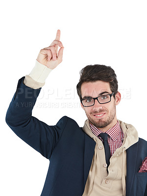 Buy stock photo Question, hand up and portrait of a man isolated with white background and up gesture. Glasses, nerd and person with geek fashion style and mockup space pointing hands in air with a smile alone