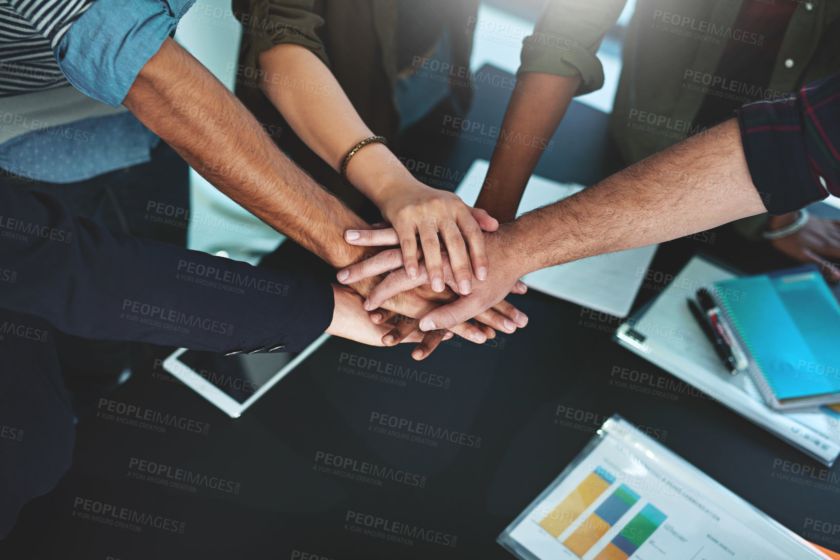 Buy stock photo Hands, stack and meeting for teamwork collaboration in finance, planning or commitment. People, circle and team building a connection in office with community, communication or support on project