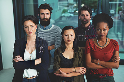 Buy stock photo Portrait of a group of diverse designers standing together in an office