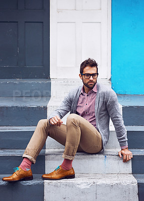 Buy stock photo Serious, fashion and man on stairs in city with stylish, elegant and trendy outfit with confidence. Pride, glasses and person with classy cardigan, shirt and shoes for style by steps in urban town.
