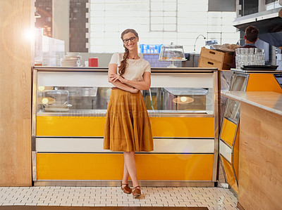 Buy stock photo Portrait, woman and small business owner with arms crossed in shop for hospitality, startup and pride. Cafe, happy and female person with smile at bakery for service industry, confidence and ambition