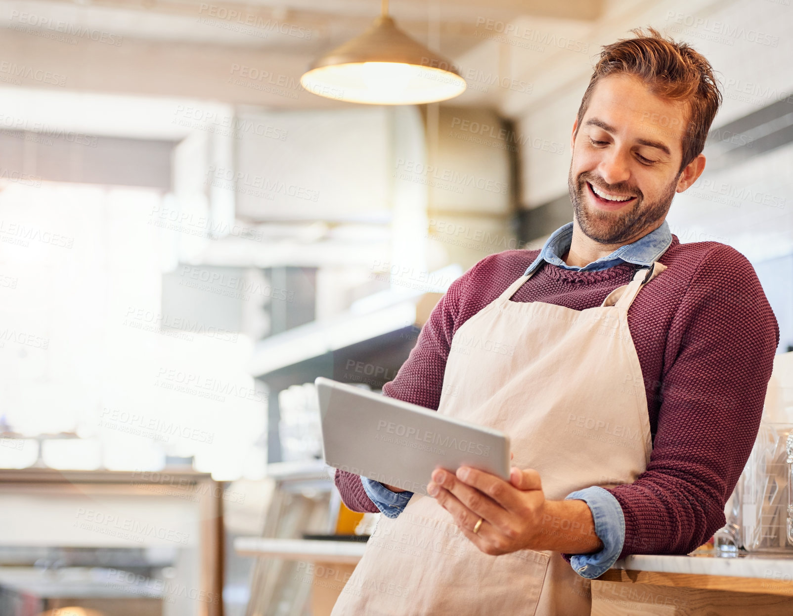 Buy stock photo Coffee shop, happy and man on tablet for online menu, check stock and inventory for orders. Restaurant, cafeteria and small business owner on digital tech for social media, networking and website