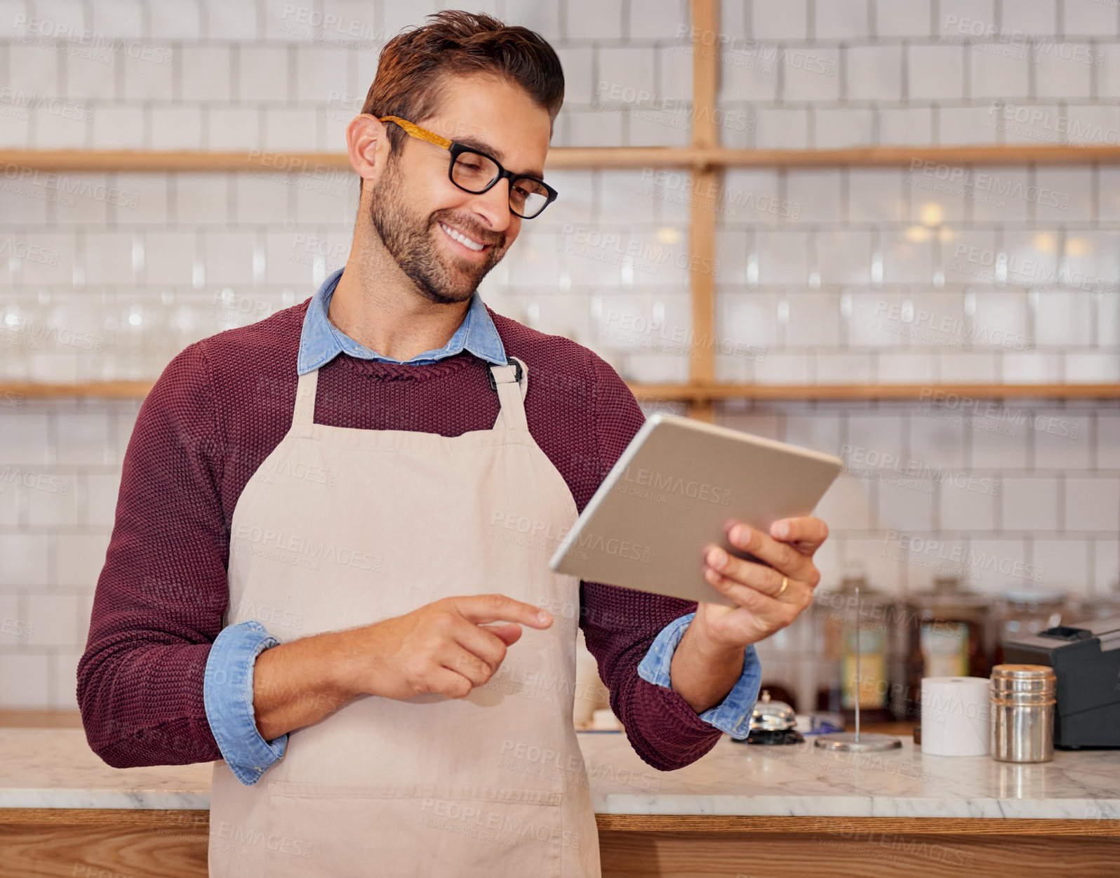 Buy stock photo Restaurant, waiter and man on tablet for online menu, checking stock and product inventory. Coffee shop, cafeteria and small business owner on digital tech for order service, research and website