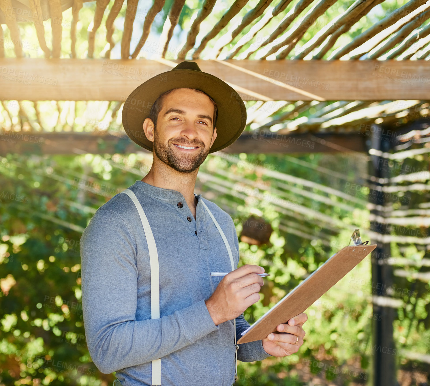 Buy stock photo Farm, clipboard and portrait of man for plant inspection for growth, harvest and gardening in nature. Agriculture, environment and farmer with checklist writing notes for agro business in countryside