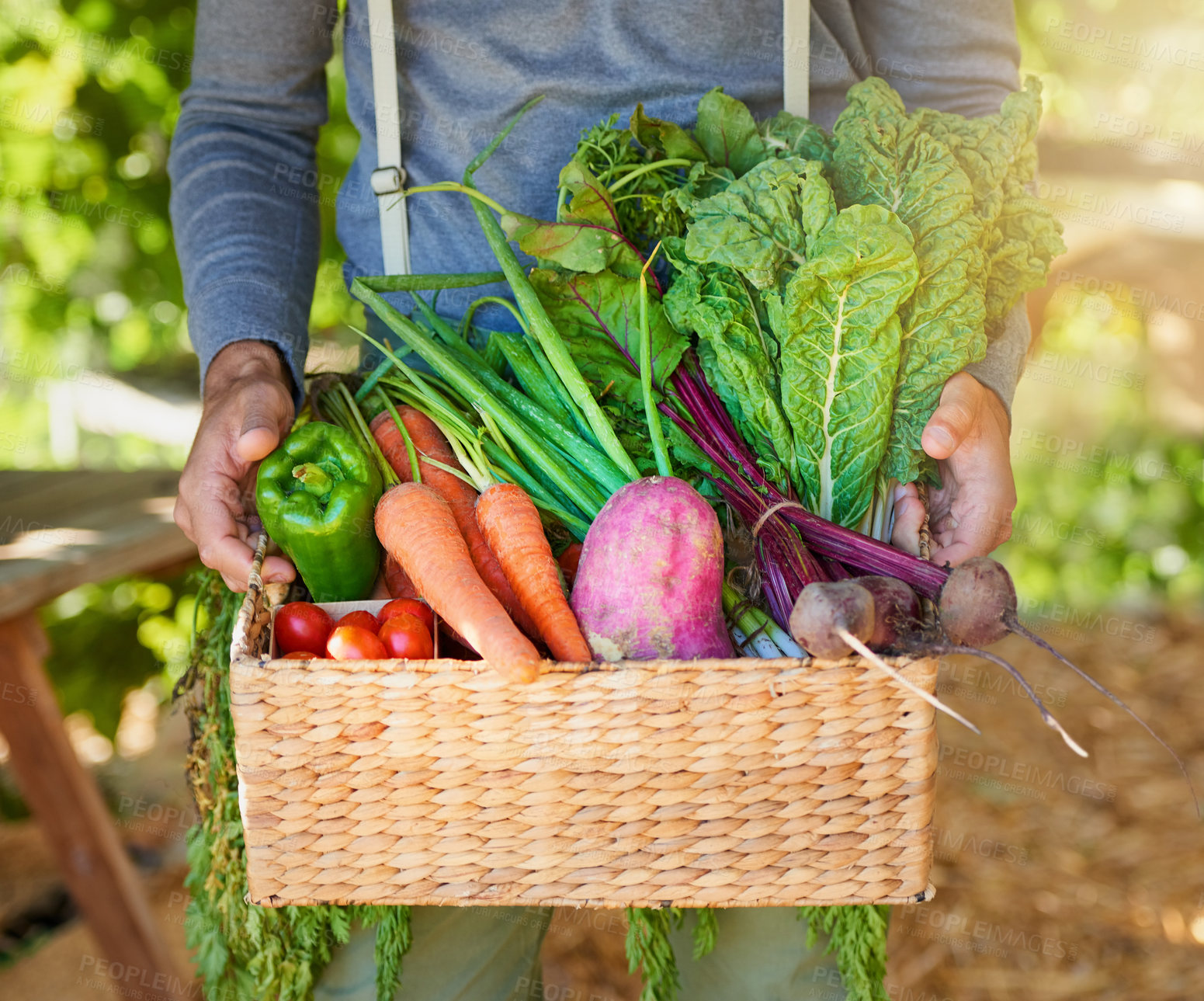 Buy stock photo Cropped shot of a man carrying a basket of freshly picked produce in a garden