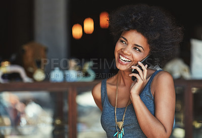 Buy stock photo Cafe store, happy and woman in phone call communication, funny conversation or discussion in retail shop. Restaurant mockup, comedy and person speaking, laughing and talking to restaurant contact