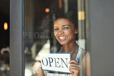 Buy stock photo Open sign, cafe window or portrait of woman, small business owner or barista with coffee shop poster for welcome. Retail sales, restaurant or female person, entrepreneur or waitress for startup store