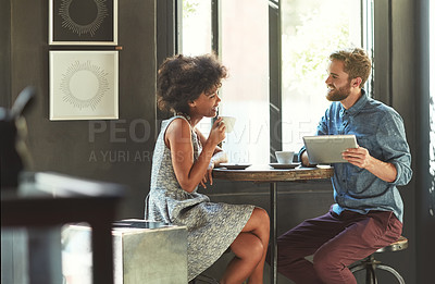 Buy stock photo Tablet, cafe cooperation or team talking about retail investment proposal, restaurant customer sales or store service. Coffee shop discussion, diversity partner or happy people plan startup franchise