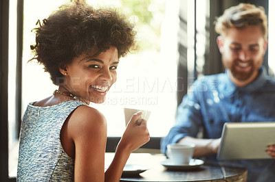 Buy stock photo Coffee shop, restaurant portrait and happy woman with tea, matcha and smile for hydration beverage, drink mug or teamwork. Customer, morning wellness, and cafe team working on freelance remote work