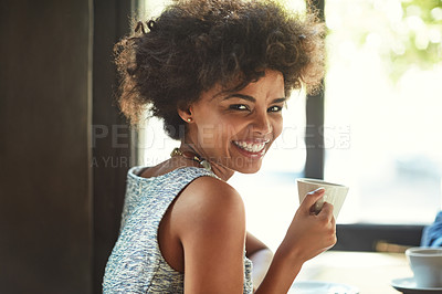 Buy stock photo Coffee shop portrait, drink and happy woman with tea cup, matcha and smile for beverage, hydration or espresso. Morning wellness, relax cafe and African female customer drinking in restaurant