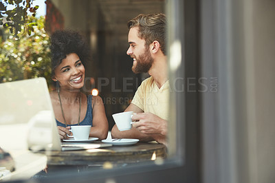 Buy stock photo Cafe window, tea and happy people, couple of friends or customer talking, speaking and enjoy romantic date. Coffee shop conversation, communication and diversity man and woman chatting in restaurant