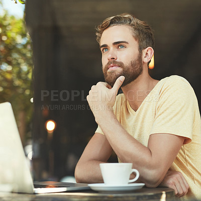 Buy stock photo Cafe laptop, man and thinking of project idea, problem solving solution or remote work and tea choice ideas. Coffee shop, focus and restaurant customer with person and thoughtful student in store