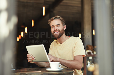 Buy stock photo Cafe portrait, tablet and happy man, customer or freelance worker doing online project, research or report article. Scroll, smile or person work on restaurant insight, data or store sales statistics