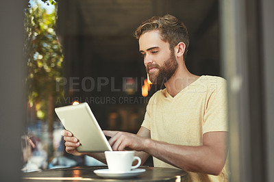 Buy stock photo Coffee shop, tablet and man typing, scroll or working on freelance blog, online review or cafe feedback. Ecommerce, remote work and small business owner, customer or person check restaurant media