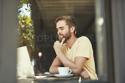 Buy stock photo Coffee shop laptop, man and thinking of project idea, research report or customer experience insight. Remote work, problem solving and person contemplating hospitality review in restaurant store