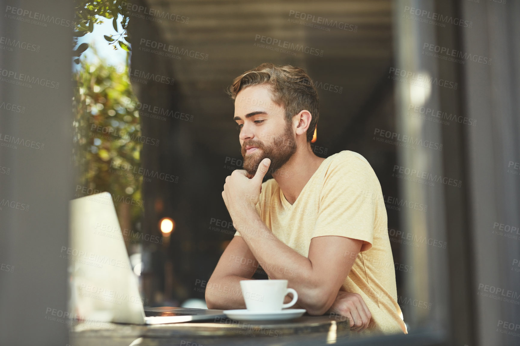 Buy stock photo Coffee shop laptop, man and thinking of project idea, research report or customer experience insight. Remote work, problem solving and person contemplating hospitality review in restaurant store