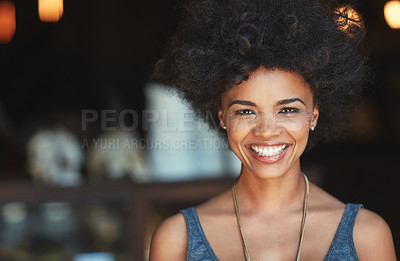 Buy stock photo Restaurant portrait, happy and cafe woman, small business owner or manager happiness for retail store success. Entrepreneur, coffee shop face or excited person, waitress or customer smile for startup